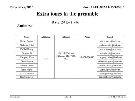 Doc.: IEEE 802.11-15/1357r1 Submission Extra tones in the preamble November, 2015 Slide 1 Date: 2015-11-06 Authors: Intel, Marvell, et. al. NameAffiliationAddressPhoneEmail.