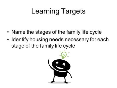 Learning Targets Name the stages of the family life cycle Identify housing needs necessary for each stage of the family life cycle.
