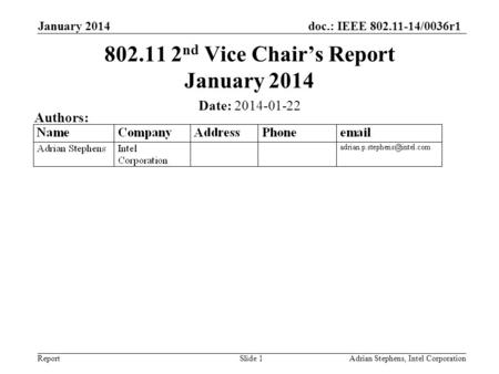 Doc.: IEEE 802.11-14/0036r1 Report January 2014 Adrian Stephens, Intel CorporationSlide 1 802.11 2 nd Vice Chair’s Report January 2014 Date: 2014-01-22.
