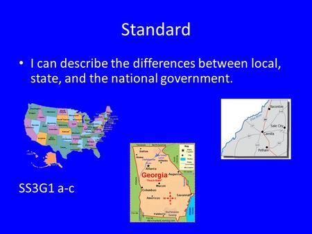Standard I can describe the differences between local, state, and the national government. SS3G1 a-c.