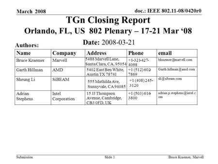 Doc.: IEEE 802.11-08/0420r0 Submission March 2008 Bruce Kraemer, MarvellSlide 1 5488 Marvell Lane, Santa Clara, CA, 95054 TGn Closing Report Orlando, FL,