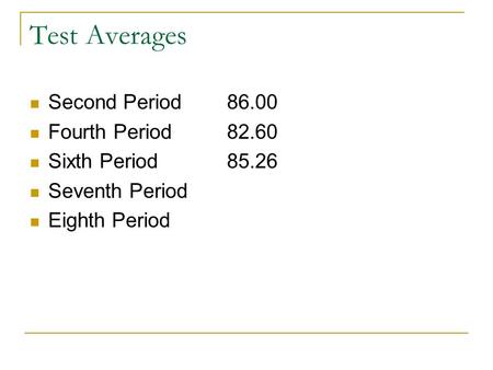 Test Averages Second Period86.00 Fourth Period82.60 Sixth Period85.26 Seventh Period Eighth Period.