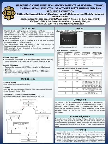 Www.postersession.com HEPATITIS C VIRUS INFECTION AMONG PATIENTS AT HOSPITAL TENGKU AMPUAN AFZAN, KUANTAN: GENOTYPES DISTRIBUTION AND RNA SEQUENCE VARIATION.