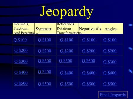 Jeopardy Decimals, Fractions, And Percents Symmetr y Reflections Rotations Transformations Negative #’sAngles Q $100 Q $200 Q $300 Q $400 Q $500 Q $100.