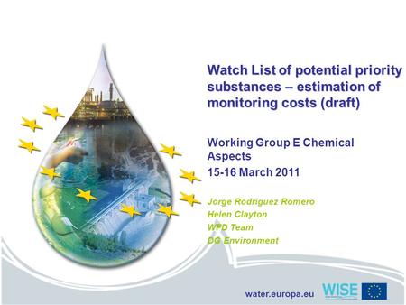 Water.europa.eu Watch List of potential priority substances – estimation of monitoring costs (draft) Working Group E Chemical Aspects 15-16 March 2011.
