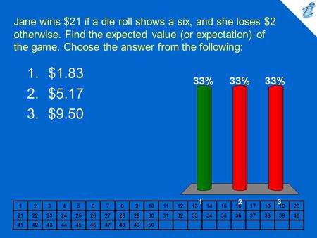 Jane wins $21 if a die roll shows a six, and she loses $2 otherwise