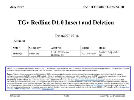Doc.: IEEE 802.11-07/2237r0 Submission July 2007 Emily Qi, Intel CorporationSlide 1 TGv Redline D1.0 Insert and Deletion Notice: This document has been.