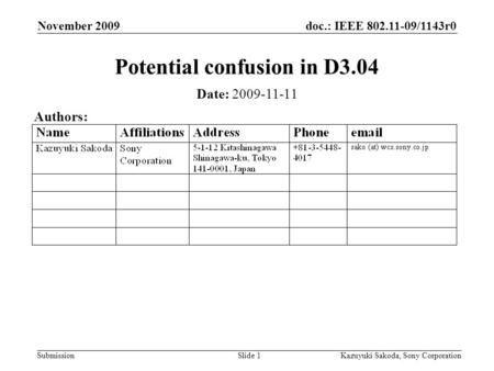 Doc.: IEEE 802.11-09/1143r0 Submission November 2009 Kazuyuki Sakoda, Sony CorporationSlide 1 Potential confusion in D3.04 Date: 2009-11-11 Authors: