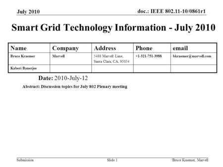 Doc.: IEEE 802.11-10/0861r1 Submission July 2010 Bruce Kraemer, MarvellSlide 1 Smart Grid Technology Information - July 2010 Date: 2010-July-12 Abstract: