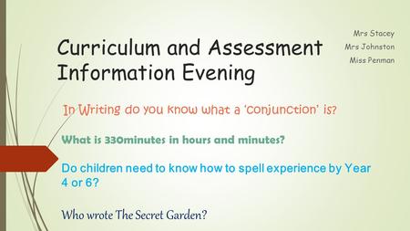 Curriculum and Assessment Information Evening Mrs Stacey Mrs Johnston Miss Penman In Writing do you know what a ‘conjunction’ is? What is 330minutes in.