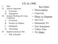 US At 1900 I.Intro II.African Americans A.Economics B.Segregation III.General Working & Living Conditions A.In General… B.Women & Children C.Immigrants.
