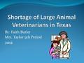 By: Faith Butler Mrs. Taylor 9th Period 2012 According to AVMA 62 Texas counties have no food-animal vets 63 Texas counties only have 1 vet to treat.