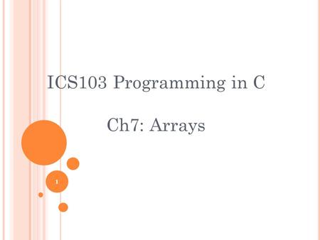 1 ICS103 Programming in C Ch7: Arrays. O BJECTIVES What is an Array? Declaring Arrays Visual representation of an Array Array Initialization Array Subscripts.