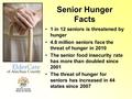 ElderCare of Alachua County Senior Hunger Facts 1 in 12 seniors is threatened by hunger 4.8 million seniors face the threat of hunger in 2010 The senior.