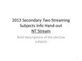 2013 Secondary Two Streaming Subjects Info Hand-out NT Stream Brief descriptions of the elective subjects 1.