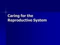 Caring for the Reproductive System. Female Vulvovaginitis Vulvovaginitis –Inflammation or infection of the vagina –Caused when irritating substances enter.