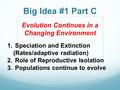 Big Idea #1 Part C Evolution Continues in a Changing Environment 1. Speciation and Extinction (Rates/adaptive radiation) 2. Role of Reproductive Isolation.