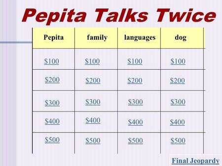 Pepita Talks Twice Pepitafamilylanguagesdog $100 $200 $300 $400 $500 $100 $200 $300 $400 $500 Final Jeopardy.