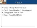 4/8/13 Collect “ Wooly Worms” lab sheet Chp.52 Guided Reading  Due tomorrow! Ecology Quiz…Wed or Thurs Today: Finish Chp.52 Notes 1.
