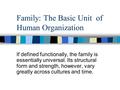 Family: The Basic Unit of Human Organization If defined functionally, the family is essentially universal. Its structural form and strength, however, vary.