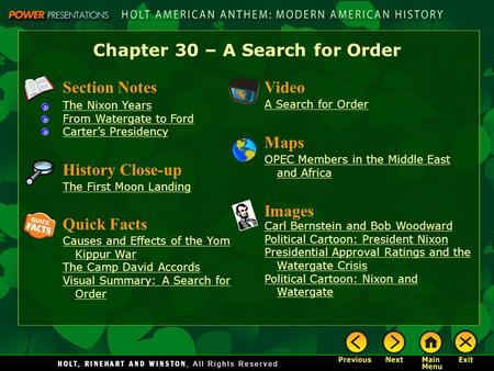 Chapter 30 – A Search for Order Section Notes The Nixon Years From Watergate to Ford Carter’s Presidency Video A Search for Order Images Carl Bernstein.