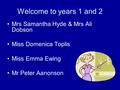 Welcome to years 1 and 2 Mrs Samantha Hyde & Mrs Ali Dobson Miss Domenica Toplis Miss Emma Ewing Mr Peter Aanonson.