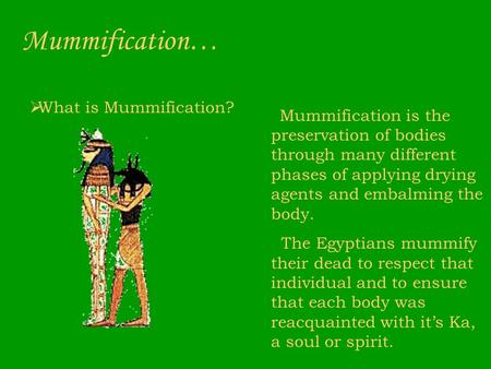 Mummification…  What is Mummification? Mummification is the preservation of bodies through many different phases of applying drying agents and embalming.