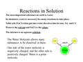 Reactions in Solution The most important substance on earth is water. In chemistry, water is necessary for many reactions to take place. Table salt (NaCl)