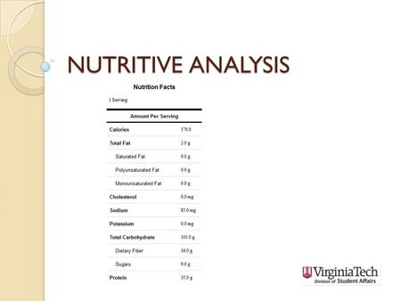 NUTRITIVE ANALYSIS. What is Nutritive Analysis? Compiles information on the nutrient content of the selected menu. Based on nutrient group selected. Weighted.