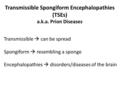 Transmissible Spongiform Encephalopathies (TSEs) a.k.a. Prion Diseases Transmissible  can be spread Spongiform  resembling a sponge Encephalopathies.