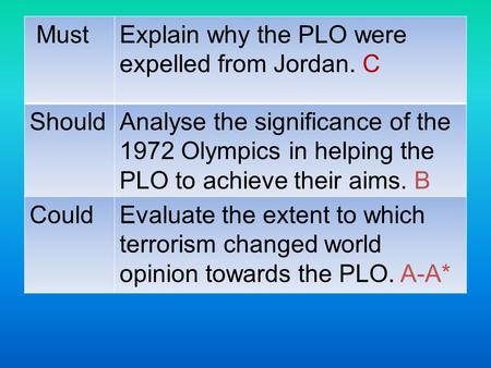 MustExplain why the PLO were expelled from Jordan. C ShouldAnalyse the significance of the 1972 Olympics in helping the PLO to achieve their aims. B CouldEvaluate.