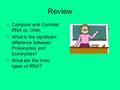 Review Compare and Contrast RNA vs. DNA. What is the significant difference between Prokaryotes and Eukaryotes? What are the three types of RNA?