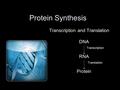 Protein Synthesis Transcription and Translation DNA Transcription RNA Translation Protein.