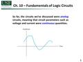 Ch. 10 – Fundamentals of Logic Circuits So far, the circuits we’ve discussed were analog circuits, meaning that circuit parameters such as voltage and.
