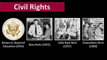 Brown vs. Board of Education (1954) Little Rock Nine (1957) Greensboro Sit-In (1960) Rosa Parks (1955) Civil Rights.