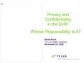 Whose Responsibility is it? Karen Korb TELUS Health Solutions November 24, 2009 Privacy and Confidentiality in the EHR: