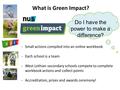 What is Green Impact? Do I have the power to make a difference? -Small actions compiled into an online workbook -Each school is a team -West Lothian secondary.