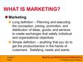 Sports and Entertainment Marketing © Thomson/South-Western Chapter 1 Slide 1 WHAT IS MARKETING? Marketing Long definition – Planning and executing the.