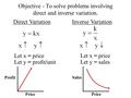 Objective - To solve problems involving direct and inverse variation. Direct VariationInverse Variation Let x = price Let y = profit/unit Profit Price.
