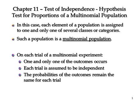 1 In this case, each element of a population is assigned to one and only one of several classes or categories. Chapter 11 – Test of Independence - Hypothesis.