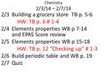 Chemistry 2/3/14 – 2/7/14 2/3Building a grocery store TB p. 5-6 HW: TB p. 6 # 1-4 2/4Elements properties WB p 7-14 and EPAS Score review 2/5Elements properties.