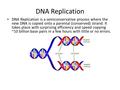 DNA Replication DNA Replication is a semiconservative process where the new DNA is copied onto a parental (conserved) strand. It takes place with surprising.