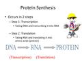 Protein Synthesis Occurs in 2 steps – Step 1: Transcription Taking DNA and transcribing it into RNA – Step 2: Translation Taking RNA and translating it.