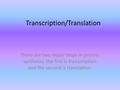 Transcription/Translation There are two major steps in protein synthesis; the first is transcription and the second is translation.