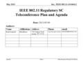 Doc.: IEEE 802.11-13/0464r1 Agenda May 2013 Rich Kennedy, Research In MotionSlide 1 IEEE 802.11 Regulatory SC Teleconference Plan and Agenda Date: 2013-05-09.