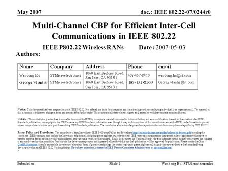 Doc.: IEEE 802.22-07/0244r0 Submission May 2007 Wendong Hu, STMicroelectronicsSlide 1 Multi-Channel CBP for Efficient Inter-Cell Communications in IEEE.
