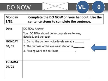 DO NOW Monday 8/31 Complete the DO NOW on your handout. Use the sentence stems to complete the sentence. VL 0 Date DO NOW Answer Your DO NOW should be.