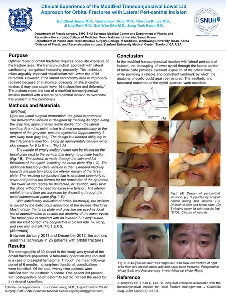 Clinical Experience of the Modified Transconjunctival Lower Lid Approach for Orbital Fractures with Lateral Peri-canthal Incision Eui Cheol Jeong M.D.,
