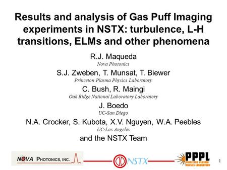 1 Results and analysis of Gas Puff Imaging experiments in NSTX: turbulence, L-H transitions, ELMs and other phenomena R.J. Maqueda Nova Photonics S.J.