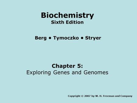 Chapter 5: Exploring Genes and Genomes Copyright © 2007 by W. H. Freeman and Company Berg Tymoczko Stryer Biochemistry Sixth Edition.